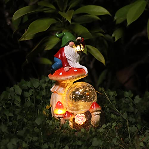 Ovewios Garden Gnome Statue, Garden Statues Gnome Climb on Mushroom with Globe Solar Light, Lawn Ornaments Outdoor Decor for Patio Yard Porch Gifts