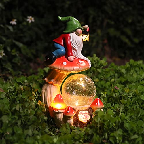 Ovewios Garden Gnome Statue, Garden Statues Gnome Climb on Mushroom with Globe Solar Light, Lawn Ornaments Outdoor Decor for Patio Yard Porch Gifts