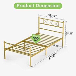 Weehom Twin Size Metal Bed Frame Mattress Foundation/Platform Bed Heavy Duty Steel Slat Best for Kids Adults Student Gold