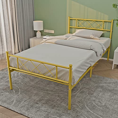 Weehom Twin Size Metal Bed Frame Mattress Foundation/Platform Bed Heavy Duty Steel Slat Best for Kids Adults Student Gold