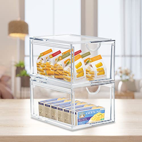 CECOLIC 2 Pack Stackable Cosmetic Organizer Drawers, Clear Acrylic Makeup Storage Organizer Box, Plastic Storage Bins Vanity Container for Bathroom Countertop, Bedroom Dresser, Kitchen Cabinets