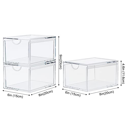 CECOLIC 2 Pack Stackable Cosmetic Organizer Drawers, Clear Acrylic Makeup Storage Organizer Box, Plastic Storage Bins Vanity Container for Bathroom Countertop, Bedroom Dresser, Kitchen Cabinets