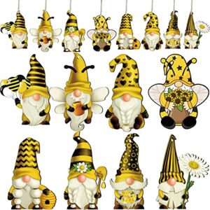 40 pieces sunflower gnome wooden ornament honeybee hanging wooden pendant summer gnomes wood sunflower tree decorations flower gnome with hat handing tag with burlap rope for decor(honeybee gnome)
