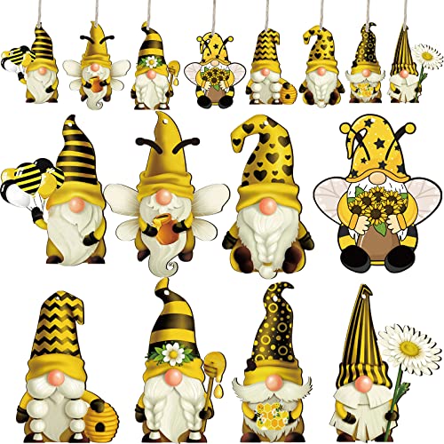 40 Pieces Sunflower Gnome Wooden Ornament Honeybee Hanging Wooden Pendant Summer Gnomes Wood Sunflower Tree Decorations Flower Gnome with Hat Handing Tag with Burlap Rope for Decor(Honeybee Gnome)