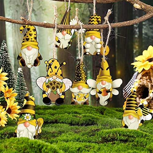 40 Pieces Sunflower Gnome Wooden Ornament Honeybee Hanging Wooden Pendant Summer Gnomes Wood Sunflower Tree Decorations Flower Gnome with Hat Handing Tag with Burlap Rope for Decor(Honeybee Gnome)