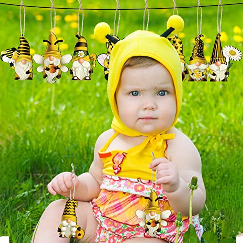 40 Pieces Sunflower Gnome Wooden Ornament Honeybee Hanging Wooden Pendant Summer Gnomes Wood Sunflower Tree Decorations Flower Gnome with Hat Handing Tag with Burlap Rope for Decor(Honeybee Gnome)