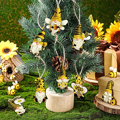 40 Pieces Sunflower Gnome Wooden Ornament Honeybee Hanging Wooden Pendant Summer Gnomes Wood Sunflower Tree Decorations Flower Gnome with Hat Handing Tag with Burlap Rope for Decor(Honeybee Gnome)