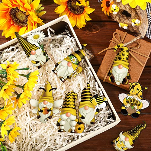 40 Pieces Sunflower Gnome Wooden Ornament Honeybee Hanging Wooden Pendant Summer Gnomes Wood Sunflower Tree Decorations Flower Gnome with Hat Handing Tag with Burlap Rope for Decor(Honeybee Gnome)