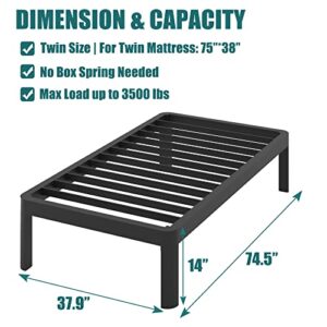 Yitong Angel Twin Bed Frame with Round Corner Edge Legs, 14 Inch High 3500 lbs Heavy Duty Metal Platform Bed Frame Twin Size, No Box Spring Needed/Noise Free/Non-Slip/Steel Slat Support