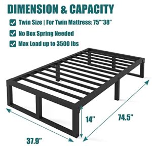 Yitong Angel Twin Bed Frame, 14 Inch High 3500 lbs Heavy Duty Metal Platform, Mattress Foundation with Steel Slat Support/No Box Spring Needed/Noise Free/Non-Slip/Easy Assembly