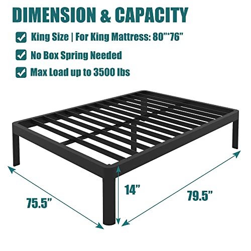 Yitong Angel King Bed Frame with Round Corner Edge Legs, 14 Inch High 3500 lbs Metal Platform Bed Frame King Size, No Box Spring Needed/Noise Free/Heavy Duty Steel Slat Support/Non-Slip