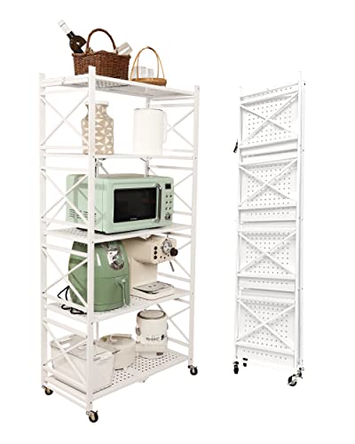 villertech Folding Shelf 5 Tier,Folding Bookshelf,Foldable Shelf,Metal Folding Storage Shelves with Wheels,Sturdy,No Assembly Folding Shelf Unit for Kitchen,Living Room,Study,Greenhouse(White)