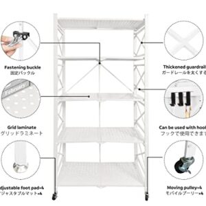 villertech Folding Shelf 5 Tier,Folding Bookshelf,Foldable Shelf,Metal Folding Storage Shelves with Wheels,Sturdy,No Assembly Folding Shelf Unit for Kitchen,Living Room,Study,Greenhouse(White)