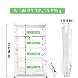 villertech Folding Shelf 5 Tier,Folding Bookshelf,Foldable Shelf,Metal Folding Storage Shelves with Wheels,Sturdy,No Assembly Folding Shelf Unit for Kitchen,Living Room,Study,Greenhouse(White)