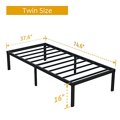 Maenizi Twin Bed Frames No Box Spring Needed, 16 Inch Heavy Duty Metal Bed Frame Twin Support Up to 2500 lbs, Easy Assembly, Noise Free, Black