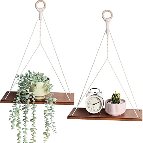 JOFAMY 2-Pack Macrame Hanging Shelves 15.8 in with Wood Hanger, Boho Floating Shelves Indoor for Bathroom, Bedroom, Toilet, Kitchen, Office, Living Room Decor