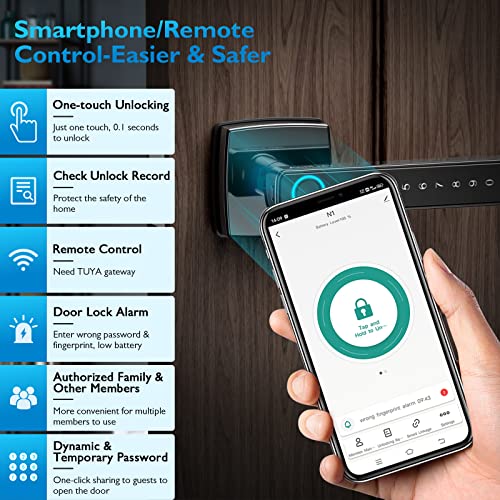 AppLoki Fingerprint Door Lock, Keyless Entry Door Lock with Bluetooth, Touchscreen Keypad Deadbolt Lock with Reversible Handle, App Control, Key, Code, Biometric Smart Lock for Home Bedroom Apartment