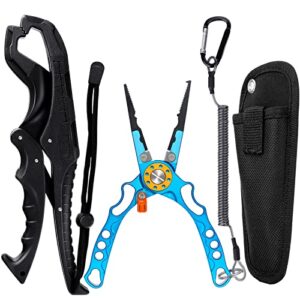 vufprye fishing pliers, upgraded fish lip grippers,aluminum fishing pliers hook remover split ring,ice fishing gear fishing gifts for men (blue)