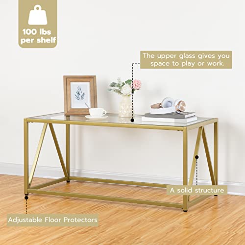 HOOBRO Glass Coffee Table, Gold Coffee Tables for Living Room, 1 Layer Center Table, Open Storage Shelf, Modern, for Apartment, Office, 39.4 x 19.7 x 17.7 Inches, Easy Assembly, Golden GD04KF01