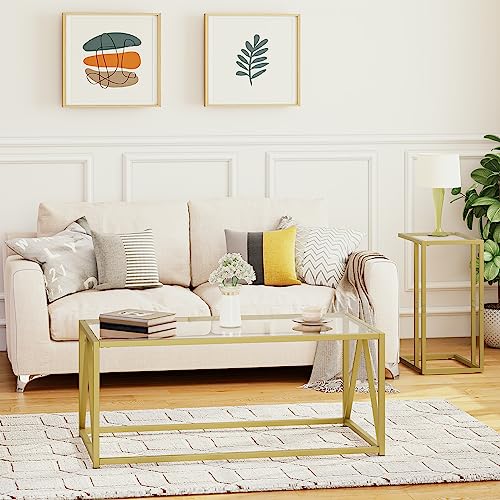 HOOBRO Glass Coffee Table, Gold Coffee Tables for Living Room, 1 Layer Center Table, Open Storage Shelf, Modern, for Apartment, Office, 39.4 x 19.7 x 17.7 Inches, Easy Assembly, Golden GD04KF01