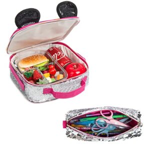 Meetbelify Girls Rolling Backpack Wheels Backpacks for Kids Luggage Wheeled Sequin Sparkly Trolley Trip Suitcase for Elementary Preschool Girls Panda Travel Backpack with Lunch Box for Picnic
