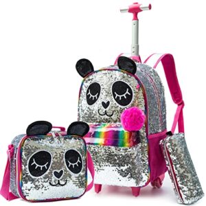 meetbelify girls rolling backpack wheels backpacks for kids luggage wheeled sequin sparkly trolley trip suitcase for elementary preschool girls panda travel backpack with lunch box for picnic
