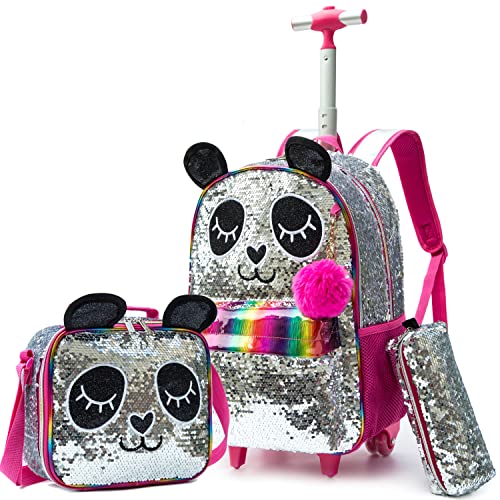 Meetbelify Girls Rolling Backpack Wheels Backpacks for Kids Luggage Wheeled Sequin Sparkly Trolley Trip Suitcase for Elementary Preschool Girls Panda Travel Backpack with Lunch Box for Picnic