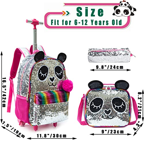 Meetbelify Girls Rolling Backpack Wheels Backpacks for Kids Luggage Wheeled Sequin Sparkly Trolley Trip Suitcase for Elementary Preschool Girls Panda Travel Backpack with Lunch Box for Picnic
