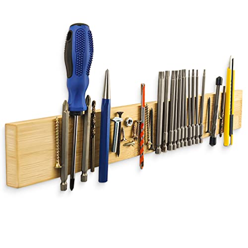 15.7 Inch Bamboo Magnetic Bits Holder Bar, Powerful Magnetic Garage Wall Pegboard Anti-Lost Workshop Small Metal Tools Storage Flat Magnet Strip,Easy Access Tools Organizer, Keep your Tools in Neat