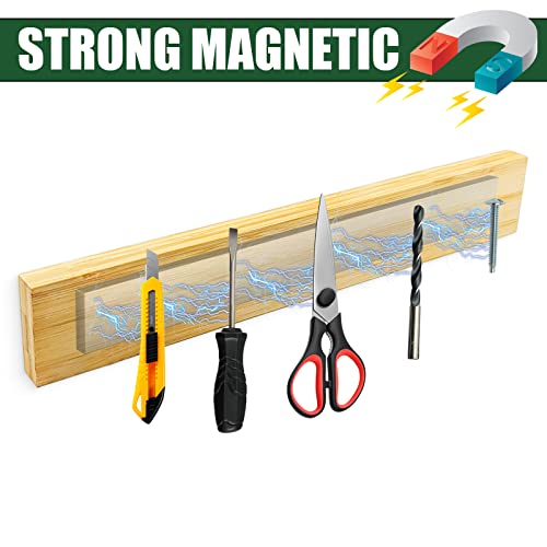 15.7 Inch Bamboo Magnetic Bits Holder Bar, Powerful Magnetic Garage Wall Pegboard Anti-Lost Workshop Small Metal Tools Storage Flat Magnet Strip,Easy Access Tools Organizer, Keep your Tools in Neat