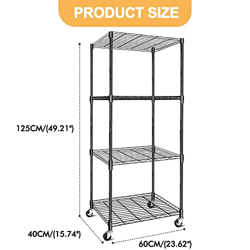 Hlyluo 4-Shelf Adjustable, Heavy Duty Storage Shelving Unit on Wheel Casters (210 lbs Loading Capacity per Shelf), Metal Organizer Wire Rack, Black (23.6L x 15.7W x 49.8H)