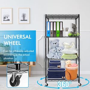 Hlyluo 4-Shelf Adjustable, Heavy Duty Storage Shelving Unit on Wheel Casters (210 lbs Loading Capacity per Shelf), Metal Organizer Wire Rack, Black (23.6L x 15.7W x 49.8H)