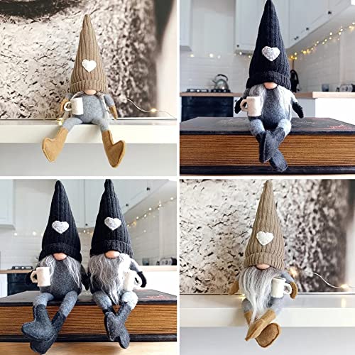 JstDoit 2 Pcs Coffee Gnomes Plush Bar Decor, Handmade Swedish Tomte Gnomes Gifts Farmhouse Scandinavian Figurine Gnome for Home Kitchen Coffee Station Table Shelf Decor (Brown)