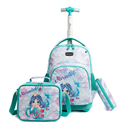 Meetbelify Rolling Backpack for Girls Mermaid Wheels Backpacks Kids Trolley Luggage Travel Suitcase for Elementary Preschool Students with Lunch Box and Pencil Case