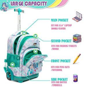 Meetbelify Rolling Backpack for Girls Mermaid Wheels Backpacks Kids Trolley Luggage Travel Suitcase for Elementary Preschool Students with Lunch Box and Pencil Case