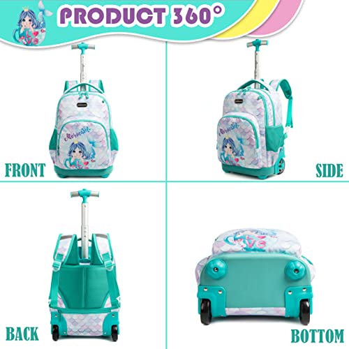 Meetbelify Rolling Backpack for Girls Mermaid Wheels Backpacks Kids Trolley Luggage Travel Suitcase for Elementary Preschool Students with Lunch Box and Pencil Case