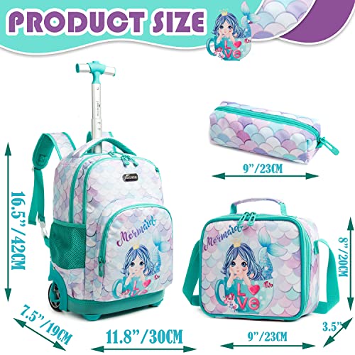 Meetbelify Rolling Backpack for Girls Mermaid Wheels Backpacks Kids Trolley Luggage Travel Suitcase for Elementary Preschool Students with Lunch Box and Pencil Case