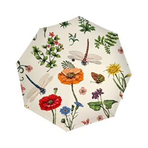 baegutly compact folding umbrella dragonfly beige floral flowers rustic country garden auto open for backpack purse travel sun rain windproof kid women men