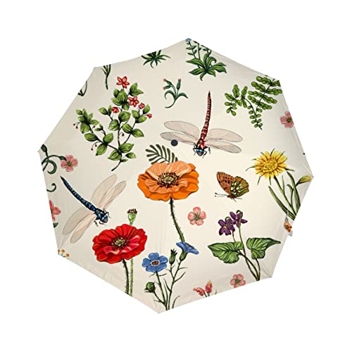 Baegutly Compact Folding Umbrella Dragonfly Beige Floral Flowers Rustic Country Garden Auto Open for Backpack Purse Travel Sun Rain Windproof Kid Women Men