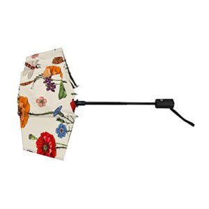 Baegutly Compact Folding Umbrella Dragonfly Beige Floral Flowers Rustic Country Garden Auto Open for Backpack Purse Travel Sun Rain Windproof Kid Women Men