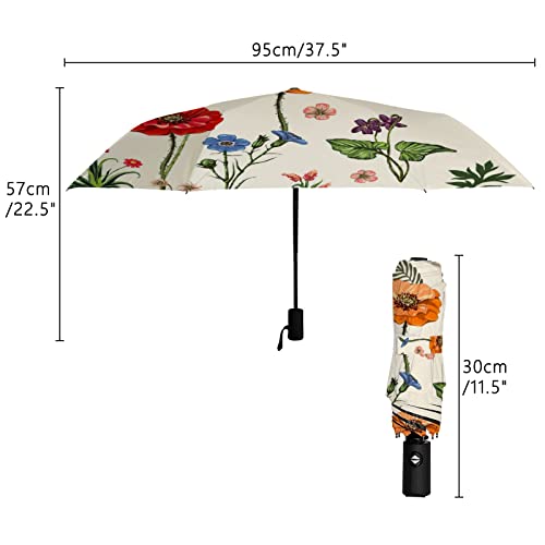 Baegutly Compact Folding Umbrella Dragonfly Beige Floral Flowers Rustic Country Garden Auto Open for Backpack Purse Travel Sun Rain Windproof Kid Women Men