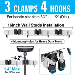 Tskcos Mop and Broom Holder Wall Mount Heavy Duty, Sturdy Stainless Steel Broom Garden Garage Tool Organizer, Mop Broom Hooks Hanger Storage Rack for Home Organizing (3 Racks 4 Hooks)