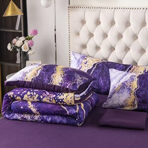 URBONUR Purple Comforter Set Queen Bedding Purple/Gold Watercolor Abstract Burning Marble Bedding Comforters Set with Sheets Set 6 Piece Bed in a Bag Comforter for All Season Easy Care Bed Set