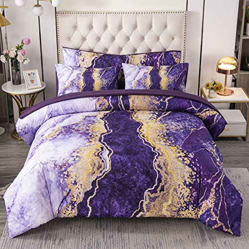 URBONUR Purple Comforter Set Queen Bedding Purple/Gold Watercolor Abstract Burning Marble Bedding Comforters Set with Sheets Set 6 Piece Bed in a Bag Comforter for All Season Easy Care Bed Set