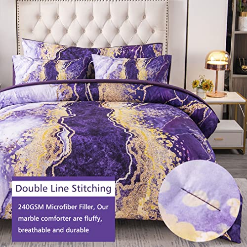 URBONUR Purple Comforter Set Queen Bedding Purple/Gold Watercolor Abstract Burning Marble Bedding Comforters Set with Sheets Set 6 Piece Bed in a Bag Comforter for All Season Easy Care Bed Set