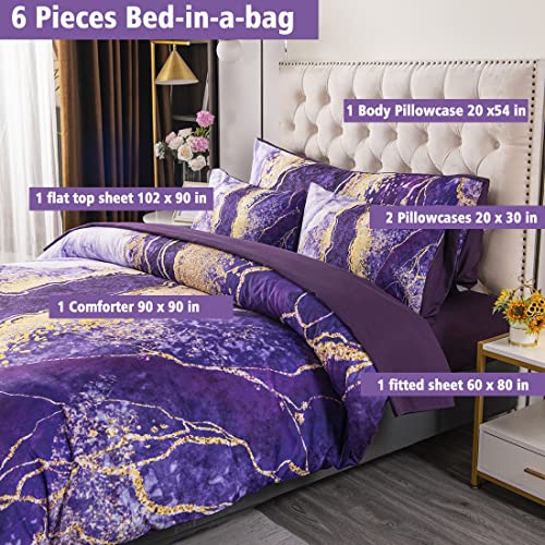 URBONUR Purple Comforter Set Queen Bedding Purple/Gold Watercolor Abstract Burning Marble Bedding Comforters Set with Sheets Set 6 Piece Bed in a Bag Comforter for All Season Easy Care Bed Set