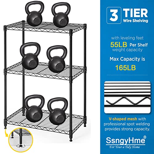 SsngygHme 3 Tier Storage Shelf Wire Shelving Unit Storage Rack Metal for Kitchen Organization, with Leveling Feet, Black (3 Tier)