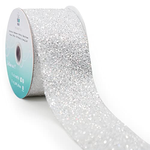 CT CRAFT LLC Sparking Silver Glitter Wired Ribbon for Home Decor, Gift Wrapping, DIY Crafts, 2.5” x 10 Yards x 1 Roll - White/Confetti