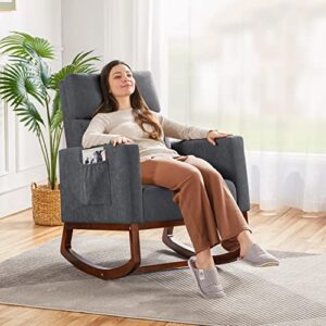 yaheetech rocking chair nursery upholstered glider chair with rubber wood legs side pocket, rocking accent armchair for living room, gray