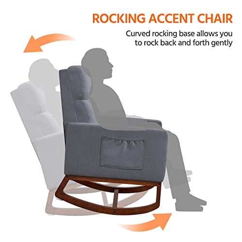 Yaheetech Rocking Chair Nursery Upholstered Glider Chair with Rubber Wood Legs Side Pocket, Rocking Accent Armchair for Living Room, Gray